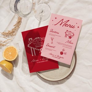 Cardápio e cartões de lugar para casamento em Las Vegas, papelaria desenhada à mão para casamento em Las Vegas, cartas de baralho, modelo de cardápio de casamento Lucky in Love, tema retrô de Las Vegas
