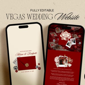 May include: Two smartphones displaying a Vegas wedding website template. One shows a red envelope with a gold seal and dice. The other features playing cards, dice, and photos, with the text "Vegas Wedding Website".