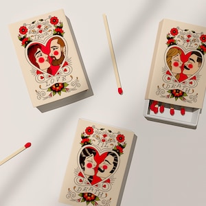 Matchbox gunst bruiloft luciferdoosje aangepaste luciferdoosje gepersonaliseerde luciferdoosje voor bruiloft aangepaste koppels tekenen traditionele tattoo stijl