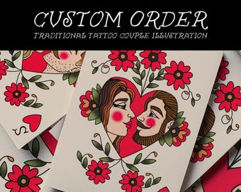 Custom Traditional Tattoo Couple Portrait Alternative Wedding Invitation Traditional Tattoo Illustration Custom Old School Tattoo Drawing