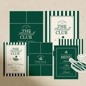 May include: A collection of green and white stationery featuring "The Pickleball Club" logo. Includes invitations, menus, and a sticker. The designs incorporate pickleball paddles and balls, suitable for a bridal shower and birthday.
