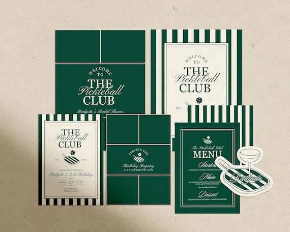 Pickleball Birthday Bundle Templates Editable Country Club Retro Pickleball Invite Template Sporty Pickleball Welcome Sign Old Money Menu