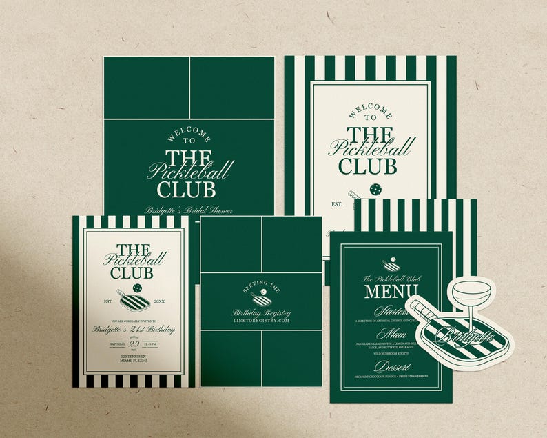 May include: A collection of green and white stationery featuring "The Pickleball Club" logo. Includes invitations, menus, and a sticker. The designs incorporate pickleball paddles and balls, suitable for a bridal shower and birthday.
