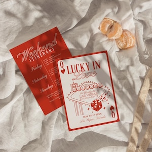 Invitación de despedida de soltera con suerte en el amor Invitación de despedida de soltera en Las Vegas Plantilla de invitación de Bach con naipes Despedida de soltera vintage en Las Vegas