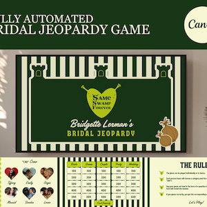 May include: A green and white bridal Jeopardy game board with the text "FULLY AUTOMATED BRIDAL JEOPARDY GAME". The game board includes categories, point values, and the text "SAME SWAMP FOREVER".