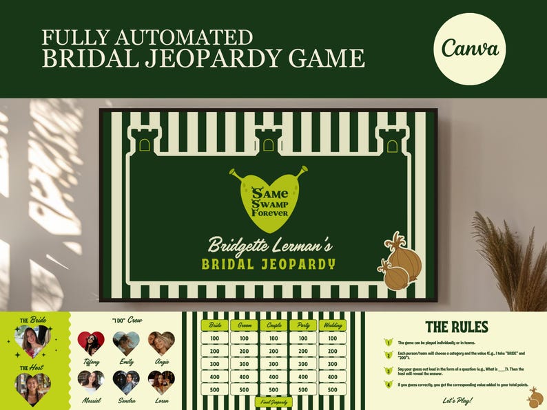 May include: A green and white bridal Jeopardy game board with the text "FULLY AUTOMATED BRIDAL JEOPARDY GAME". The game board includes categories, point values, and the text "SAME SWAMP FOREVER".