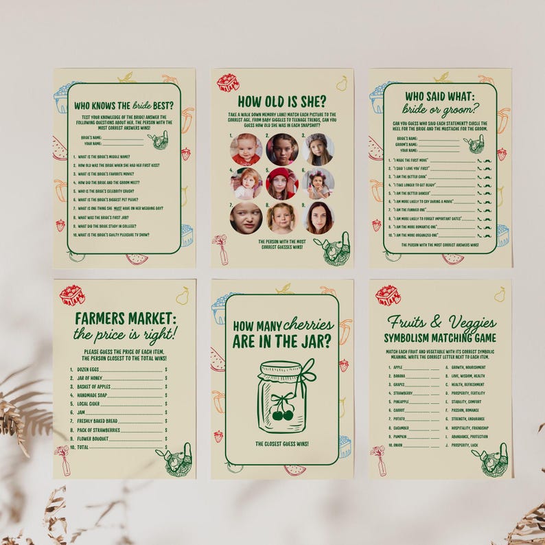 May include: A set of six cream-colored bridal shower game cards. Games include "Who Knows the Bride Best?", "How Old is She?", "Who Said What: Bride or Groom?", "Farmers Market: the price is right!", "How Many Cherries are in the Jar?", and "Fruits & Veggies Symbolism Matching Game."
