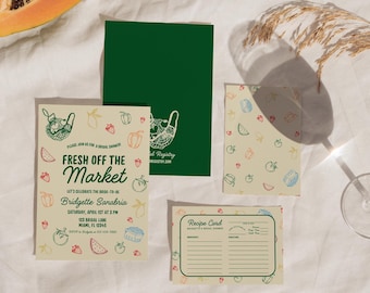 Fresh Off the Market Bridal Shower Invitation Template Hand Drawn Colorful Farmers Market Bridal Shower Invite Custom Bridal Recipe Card