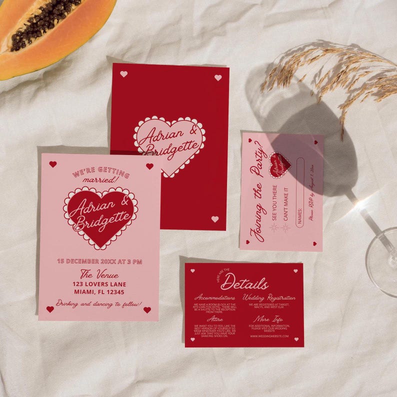 May include: Pink and red wedding invitation cards with a heart design and the text "We're getting married! Adrian & Bridgette" and "Joining the Party?" with details about the wedding date, time, and location.
