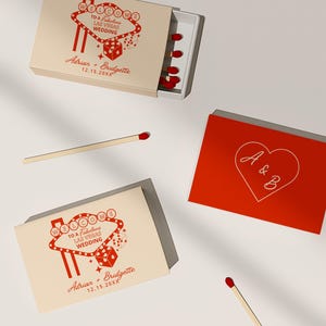 Plantilla de caja de cerillas personalizada para regalo de boda, dibujada a mano, personalizada, caja de cerillas de Las Vegas, colorida, escrita a mano, estilo vintage, para boda, tema de Las Vegas