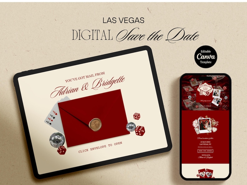 Plantillas para bodas en Las Vegas: Invitación de boda "Lucky in Love", Naipes, Invitación de boda vintage de Las Vegas, Plantilla elegante para guardar la fecha. imagen 14