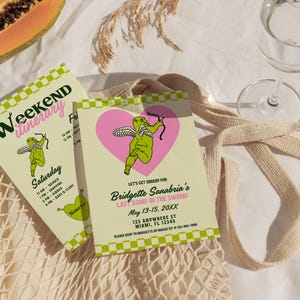 May include: A green and pink invitation featuring a cartoon cupid holding a bow and arrow. The invitation is for Bridgette Sanabria's Last Romp in the Swamp, 13-15 May 20XX. The address is 123 Anywhere St, Miami, FL 12345. Please RSVP to Bridgette by 1st March on 123-456-7890.