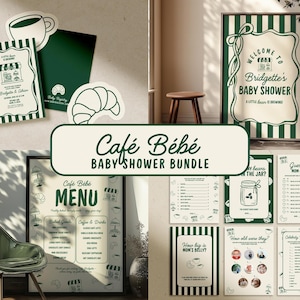 Peut inclure: Un ensemble de baby shower sur le thème du café. Comprend une affiche de bienvenue, un menu et diverses cartes de jeu. La palette de couleurs est crème et vert foncé avec des graphiques liés au café. Le texte "Café Bébé BABY SHOWER BUNDLE" est affiché.
