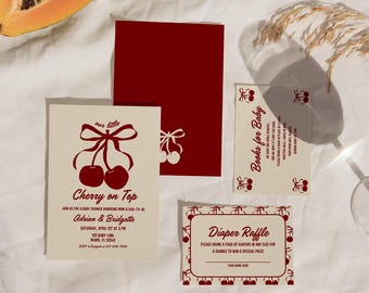 Cherry On Top Baby Shower Invitation Template Baby Sprinkle She’s the Cherry On Top Hand Drawn Coquette Ribbon Editable Cherry on Top Theme