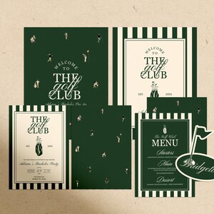 K&ouml;nnte beinhalten: Eine Sammlung von gr&uuml;n-wei&szlig;en Golf-Themen-Papeterie. Die Designs umfassen Einladungen, Men&uuml;s und ein Namensschild. Der Text enth&auml;lt "Welcome to The Golf Club" und "Adrian's Bachelor Party".