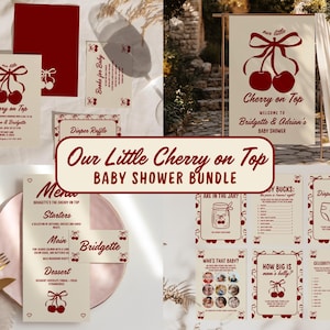 Szablon zestawu na baby shower Cherry On Top Baby Sprinkle Nasza mała wiśnia na szczycie Rysowana ręcznie wstążka kokietki Edytowalny motyw wiśni na szczycie