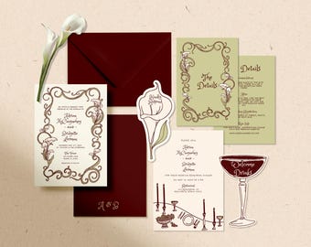 Calla Lily Wedding Bundle Template Editable Colorful Botanical Wedding Invite Hand Drawn Wedding Stationery Whimsical Floral Wedding Suite