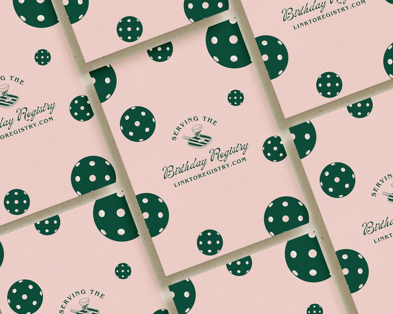 May include: Pink cards with a green polka dot pattern and the text "Serving the Birthday Registry linktoregistry.com".