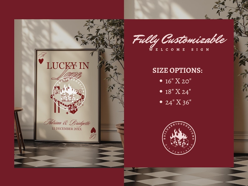 Puede incluir: Un letrero de bienvenida de boda enmarcado con el texto "Lucky in Love" y los nombres y la fecha de la pareja. El letrero presenta s&iacute;mbolos de naipes y est&aacute; disponible en tama&ntilde;os de 40.6cm x 50.8cm, 45.7cm x 61cm y 61cm x 91.4cm. El fondo es de color neutro.