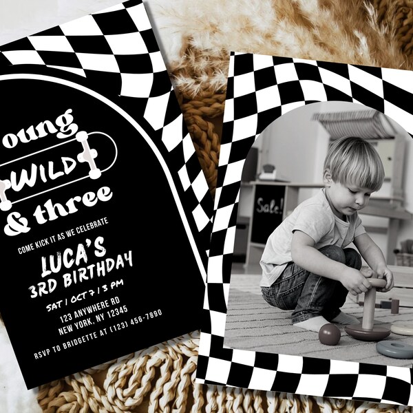 Young Wild Three Birthday Invitation Editable Retro Boy Birthday Invite with Photo Checkered 3rd Birthday Party Invite Skateboard Theme
