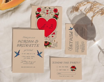 May include: A wedding invitation suite with a vintage tattoo style design. The main invitation features a red heart with the text "A + B" and "TIL" inside. The RSVP card has a red heart with the text "JOINING THE PARTY?" and options to "SEE YOU THERE" or "CAN'T MAKE IT".