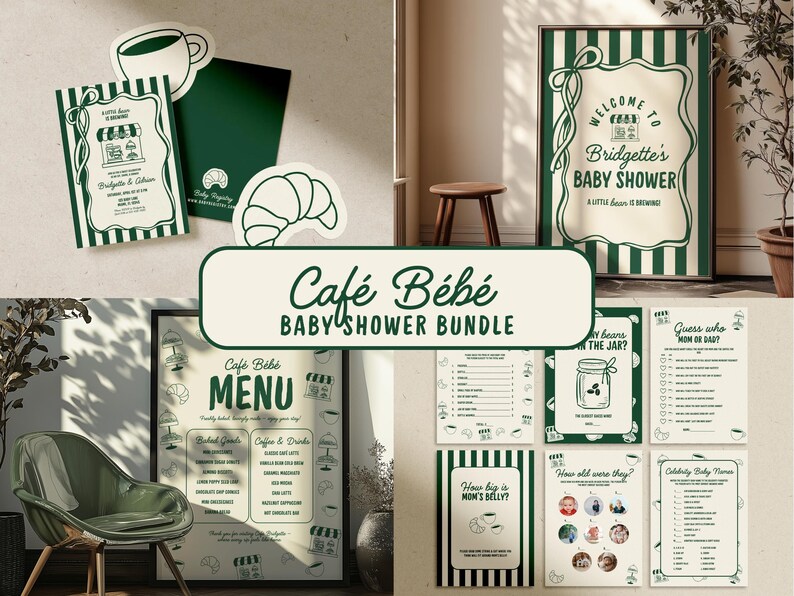 May include: A baby shower bundle with a cafe theme. Includes a welcome sign, menu, and various game cards. The color scheme is cream and dark green with cafe-related graphics. The text "Caf&eacute; B&eacute;b&eacute; BABY SHOWER BUNDLE" is displayed.
