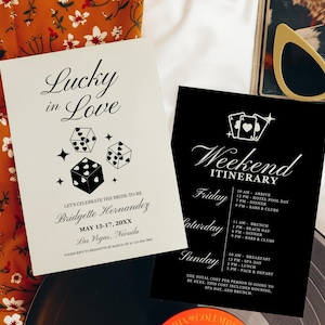 Invitación a la despedida de soltera de Lucky in Love Itinerario de fin de semana de despedida de soltera en Las Vegas Plantilla de despedida de soltera vintage de Las Vegas personalizada