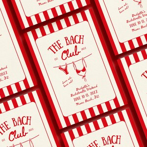 May include: Cards with a red and white striped border and a cream-colored center. The cards feature the text "THE BACH CLUB" and "Bridgette's Bachelorette Weekend JUNE 10-13, 20XX Miami Beach, FL". The cards also have a drawing of lingerie.