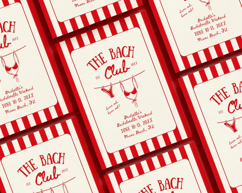 May include: Cards with a red and white striped border and a cream-colored center. The cards feature the text "THE BACH CLUB" and "Bridgette's Bachelorette Weekend JUNE 10-13, 20XX Miami Beach, FL". The cards also have a drawing of lingerie.