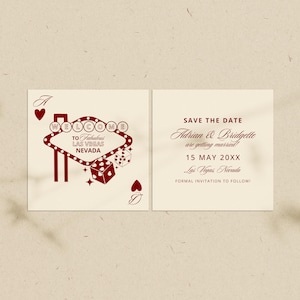 Puede incluir: Una invitaci&oacute;n de boda en dos partes con el tema de Las Vegas. El lado izquierdo presenta un letrero de ne&oacute;n rojo que dice "Welcome to Fabulous Las Vegas Nevada". El lado derecho dice "Save the Date" con los nombres Adrian & Bridgette, la fecha y el lugar.