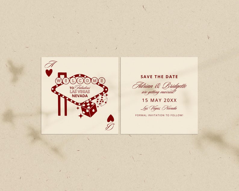 Puede incluir: Una invitaci&oacute;n de boda en dos partes con el tema de Las Vegas. El lado izquierdo presenta un letrero de ne&oacute;n rojo que dice "Welcome to Fabulous Las Vegas Nevada". El lado derecho dice "Save the Date" con los nombres Adrian & Bridgette, la fecha y el lugar.