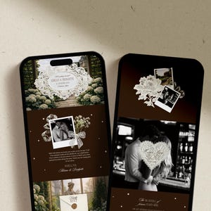 May include: Two smartphones displaying wedding invitation designs. The screens feature a brown background with white floral accents, photos, and text. One screen shows "Adrian & Bridgette" and the other shows "Our Love Story".