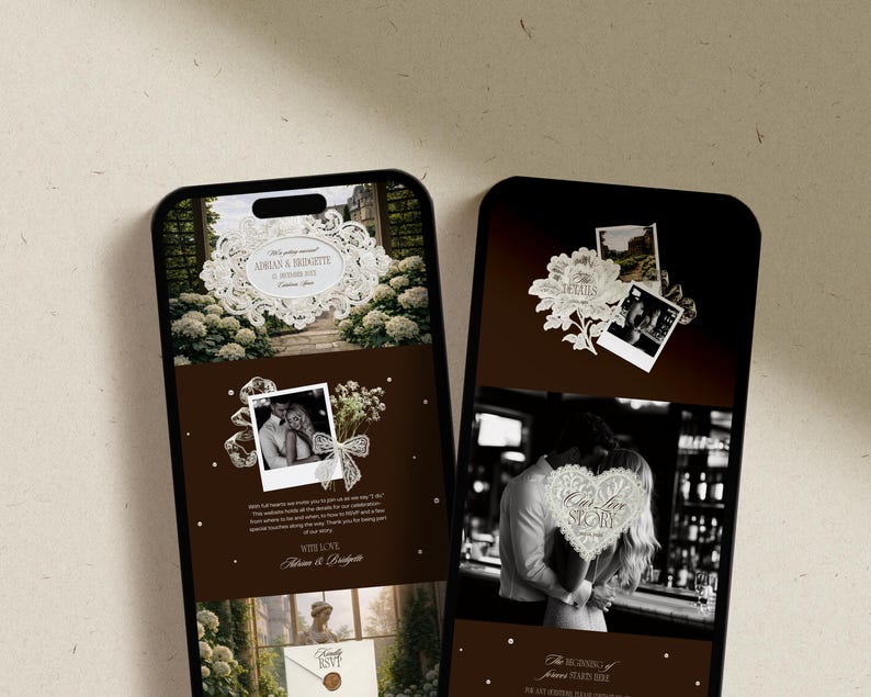 May include: Two smartphones displaying wedding invitation designs. The screens feature a brown background with white floral accents, photos, and text. One screen shows "Adrian & Bridgette" and the other shows "Our Love Story".
