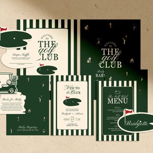May include: A selection of golf-themed stationery, including invitations, menu cards, and decorative elements. The designs feature a dark green and white colour scheme with golf course illustrations and the text "Welcome to The Golf Club".