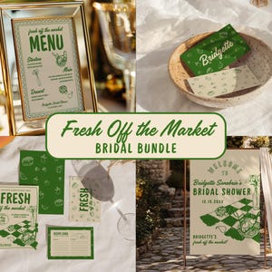 Op de afbeelding: Een verzameling trouwbriefpapier met een fris, groen en wit thema. Inclusief een ingelijste menukaart, uitnodigingskaarten, receptkaarten en een welkomstbord. De tekst "Fresh Off the Market Bridal Bundle" wordt weergegeven.