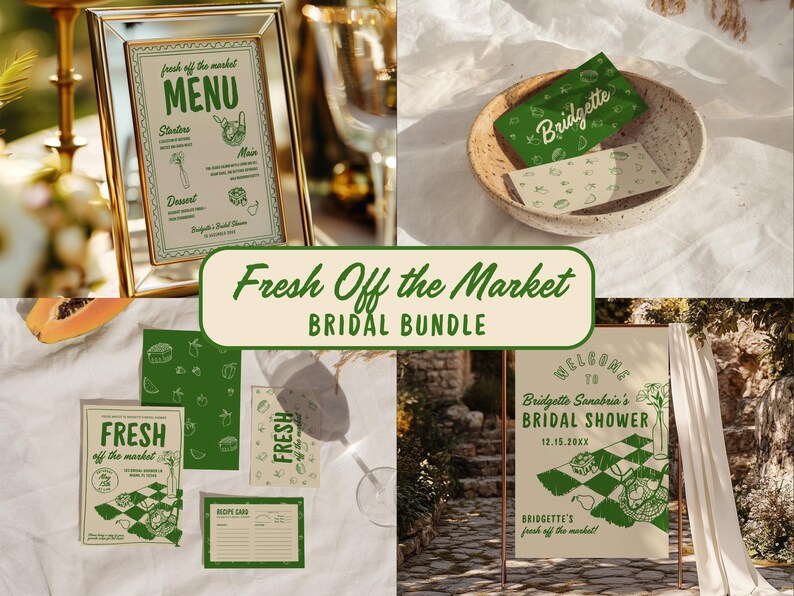 Op de afbeelding: Een verzameling trouwbriefpapier met een fris, groen en wit thema. Inclusief een ingelijste menukaart, uitnodigingskaarten, receptkaarten en een welkomstbord. De tekst "Fresh Off the Market Bridal Bundle" wordt weergegeven.