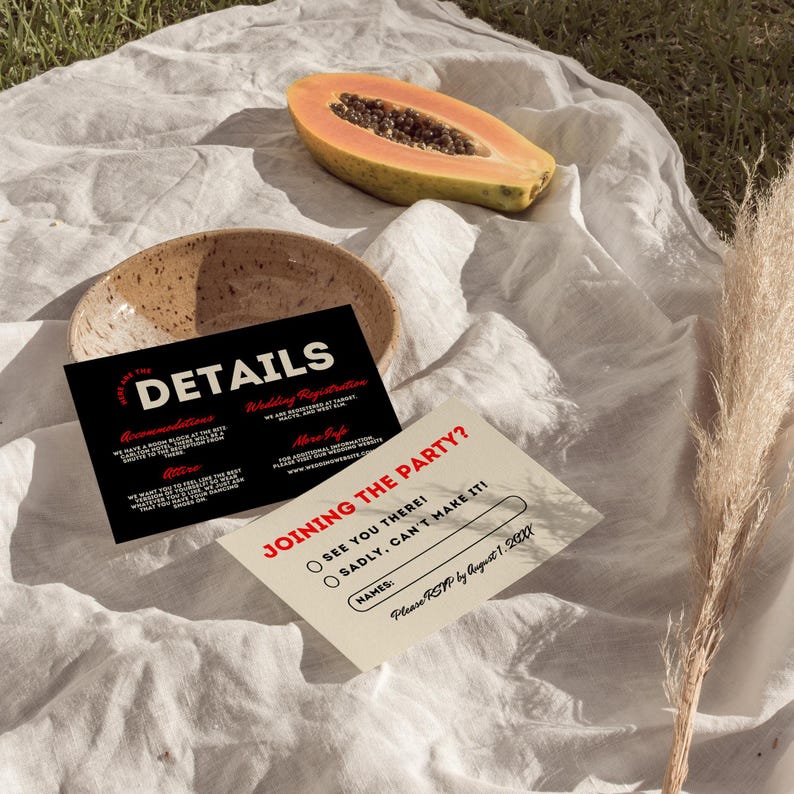 May include: A white RSVP card with black text that reads "Joining the Party?" with two radio buttons that say "See you there!" and "Sadly, can't make it!"  The card also has a line for the guest's name and a line for the RSVP date.  The card is on a white tablecloth with a brown bowl and a papaya.