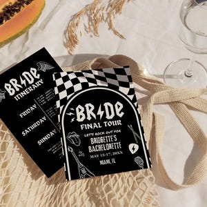 May include: Black and white invitation with a checkered background and a white circle with the text "BRIDE FINAL TOUR" in a rock and roll font. The text "LET'S ROCK OUT FOR BRIDGETTE'S BACHELORETTE MAY 15-17, 20XX MIAMI, FL" is below the circle. The circle is surrounded by various rock and roll icons, including a guitar, a microphone, a lightning bolt, and a drumstick.