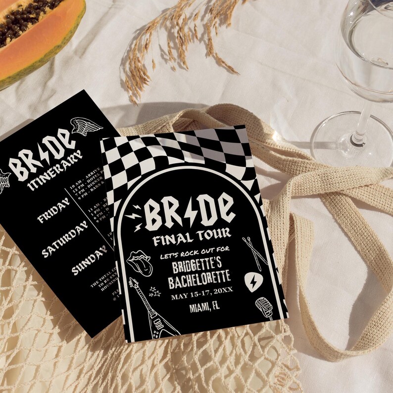 May include: Black and white invitation with a checkered background and a white circle with the text "BRIDE FINAL TOUR" in a rock and roll font. The text "LET'S ROCK OUT FOR BRIDGETTE'S BACHELORETTE MAY 15-17, 20XX MIAMI, FL" is below the circle. The circle is surrounded by various rock and roll icons, including a guitar, a microphone, a lightning bolt, and a drumstick.