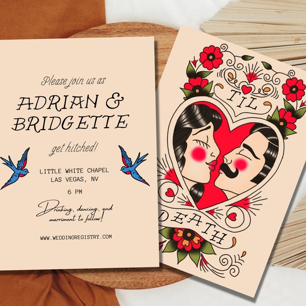 Wedding Invitation Traditional Tattoo Wedding Old School Tattoo Rock N Roll Vintage Wedding Stationery Tattoo Rockabilly Custom Invitation