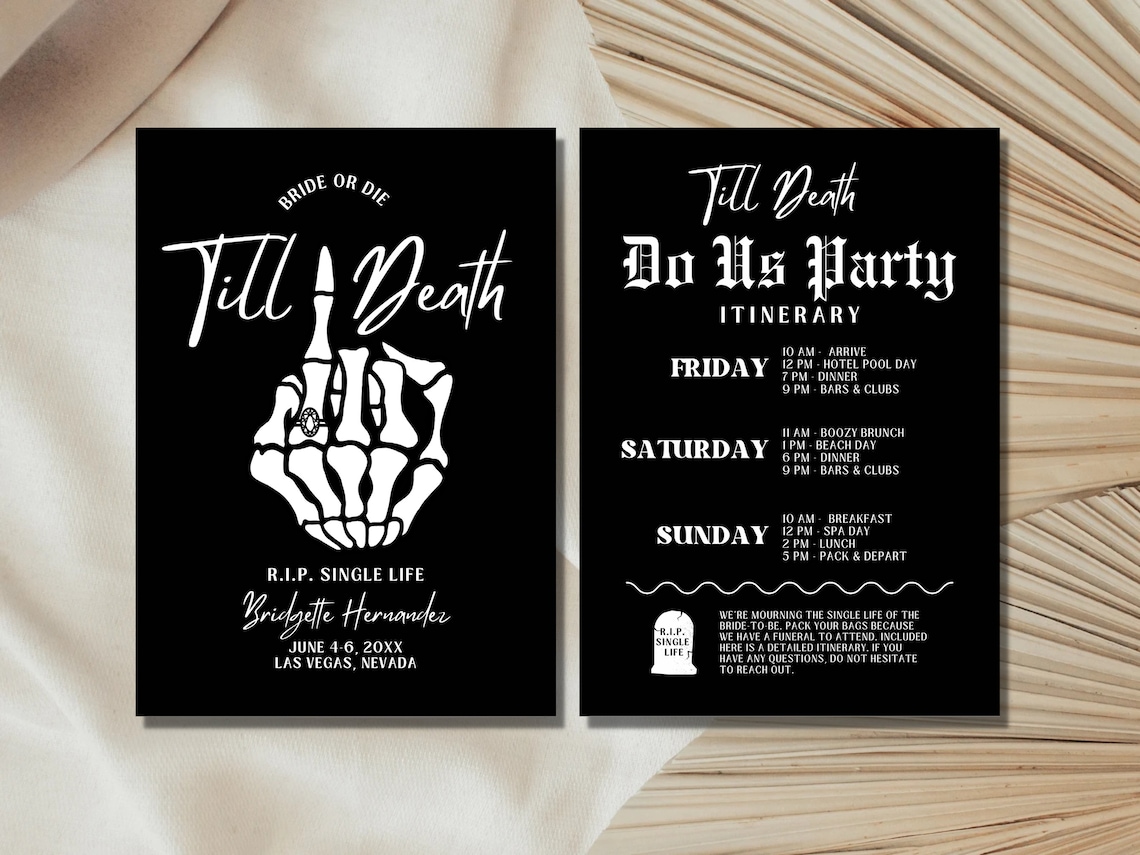 Till death do us party bachelorette invitation and itinerary template