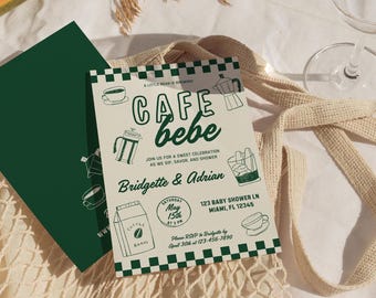 Mall för inbjudan till café, babyshower, kafé, babyshower, kaffe, babyströ, baby brygger kaffe, babyshower-tema, handritat