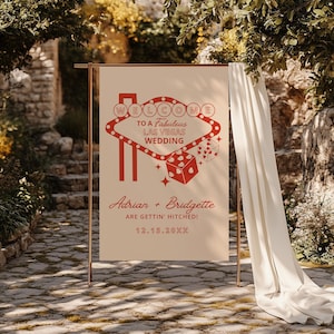 Plantilla de letrero de bienvenida para boda en Las Vegas, boda con suerte en el amor, boda en el casino, boda de Viva Las Vegas, letrero de bienvenida vintage divertido y editable.