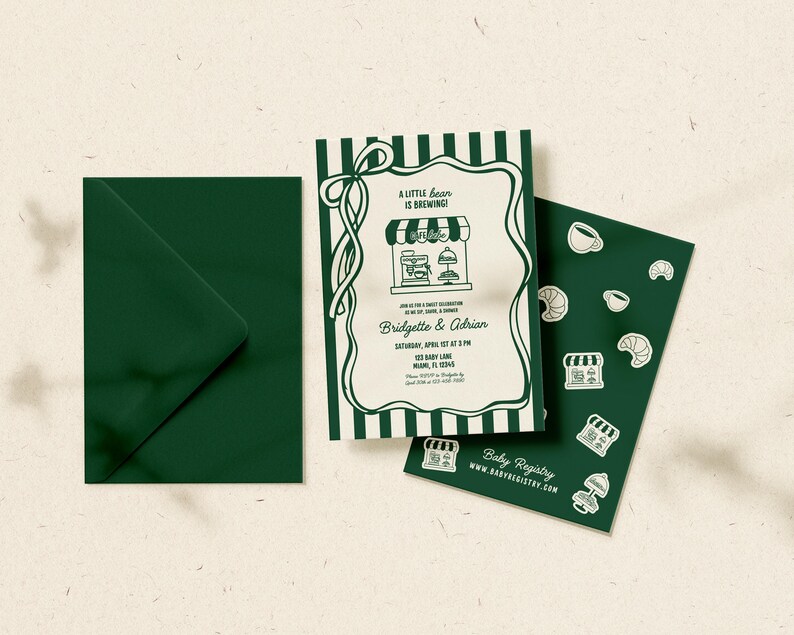 May include: A baby shower invitation suite featuring a green envelope, a card with a coffee shop illustration, and a matching card with coffee-themed stickers. The invitation reads "A little bean is brewing!" and includes event details.
