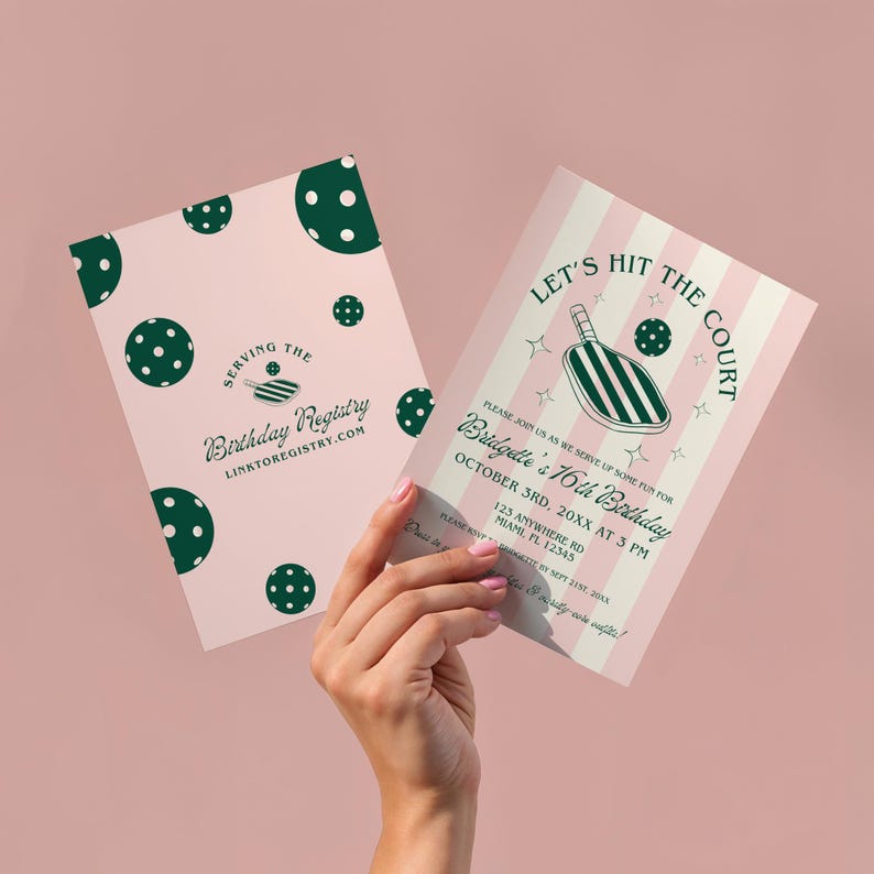 May include: Pink and green invitation with white text for a 16th birthday party. The invitation says "Let's Hit the Court" and includes a drawing of a paddleball paddle. The text also includes the date, time, and location of the party.