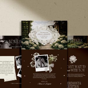 May include: A wedding invitation suite with a brown and white color scheme. The invitation features a decorative floral design and the names "Adrian & Bridgette". The suite includes details about the wedding, including the ceremony and reception.