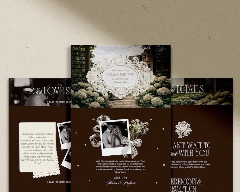 May include: A wedding invitation suite with a brown and white color scheme. The invitation features a decorative floral design and the names "Adrian & Bridgette". The suite includes details about the wedding, including the ceremony and reception.
