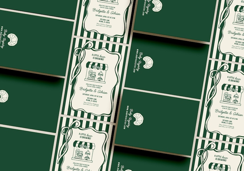May include: An overhead shot of several dark green baby shower invitations and matching envelopes. The invitations feature a bakery illustration with the text "A little bean is brewing!" and the names Bridgette & Adrian.