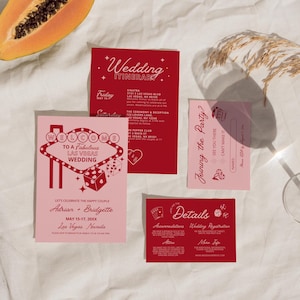 Itinerario de boda en Las Vegas. Plantilla de invitación de boda "Suerte en el amor". Papelería de boda vintage. Tema de boda colorido y viva Las Vegas.
