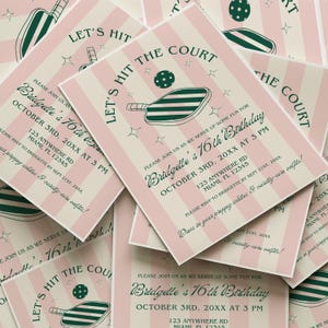 May include: A pink and white striped invitation with green and white illustrations of a paddle and ball. The invitation reads "Let's Hit the Court" and is for Bridgette's 16th Birthday on October 3rd at 3 PM. The address is 123 Anywhere Rd, Miami, FL 12345. The RSVP date is September 21st, 20XX. The invitation requests guests to dress in preppy whites and varsity-core outfits.